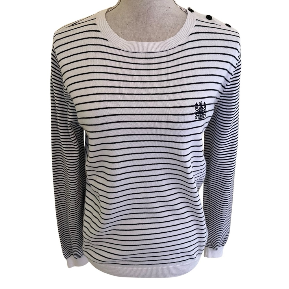 Aquascutum London Navy Blue and White Striped Cotton Scoop Neck Sweater S